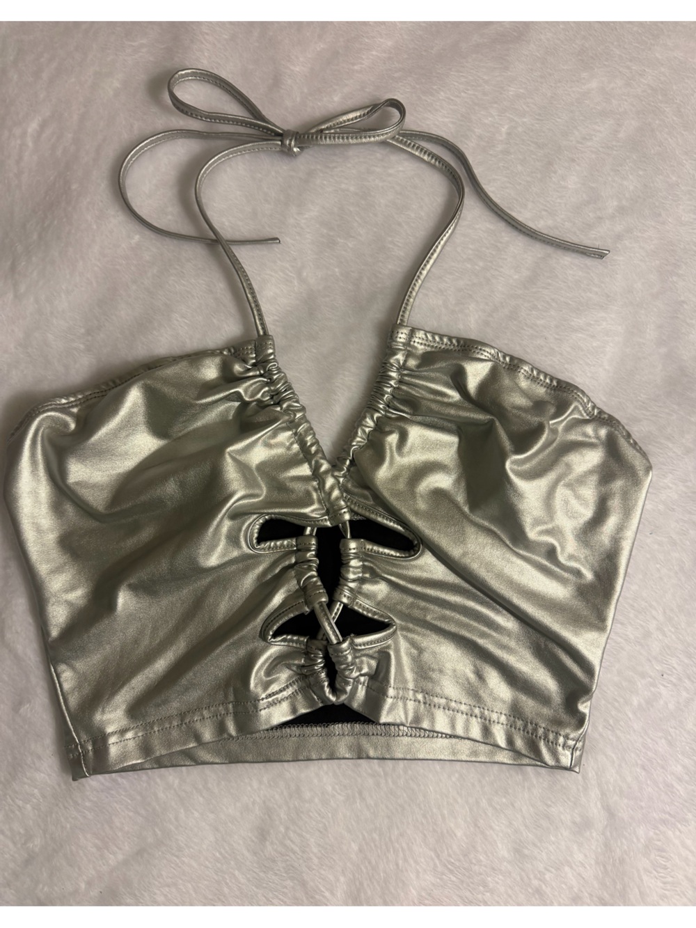 SHEIN Silver Metallic Halter Crop Top with Ruched Cutouts